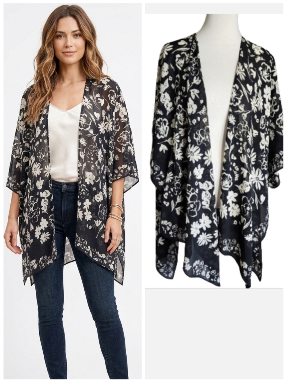 Sonoma Black and cream Floral open kimono top Women's one size fits all